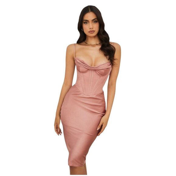 House of CB London Myrna Rose Satin Corset Slip Dress Fitted Cocktail Party Sm - Picture 1 of 14